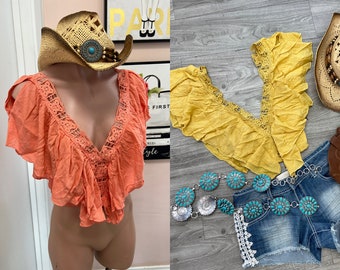 Cowgirl Up Flutter Sleeve Top Country Concert Western Sexy Music Festival Outfit Top Vintage Crochet  Hippie Boho Summer Smocked Top