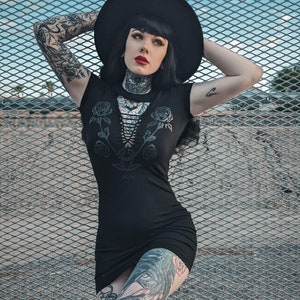 Blackout Rose Cutout Y'Allternative Gothic Cowgirl country cowgirl festival Slashed Mini Tshirt Dress