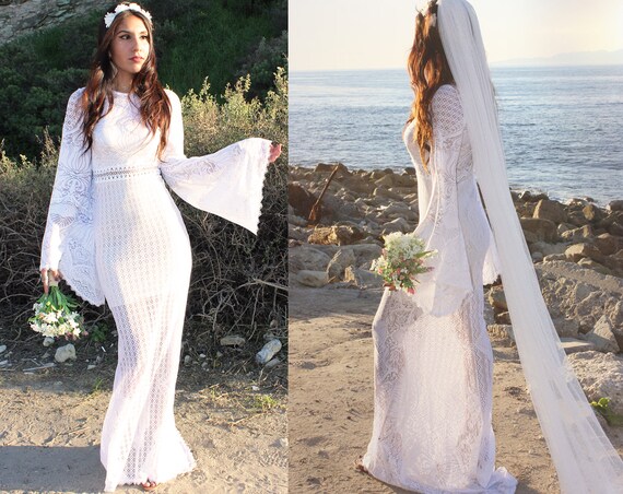 Vintage Mermaid Lace Wedding Dress Boho Bell Sleeve Angel Etsy