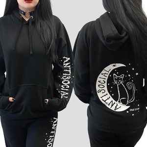 Antisocial Cat Moon graphic "boyfriend fit" oversized Gothic Cute Sweatshirt pullover Hoodie Top