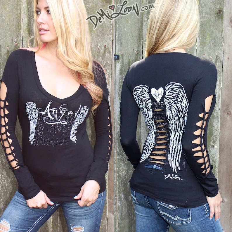 Demi Loon Angel Wings Tattoo Tee goth Destroyed Diy slashed Shirt Tee Cutout Top choose size image 2