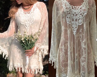 Ivory Vintage Lace Short casual Beach Goddess Cowgirl Wedding Dress Angel Sleeve Bridal Dress