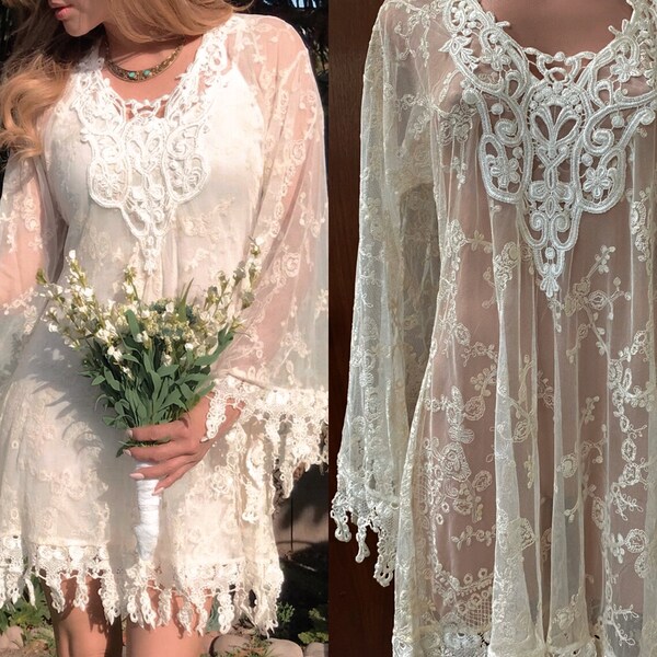 Ivory Vintage Lace Short casual Beach Goddess Cowgirl Wedding Dress Angel Sleeve Bridal Dress