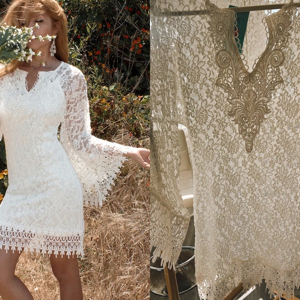 Kurze Strand Göttin Hochzeit Brautkleid Engel Ärmel Land schiere Spitze ausgebogter Gypsy Boho Elfenbein häkeln Land Mini Brautkleid