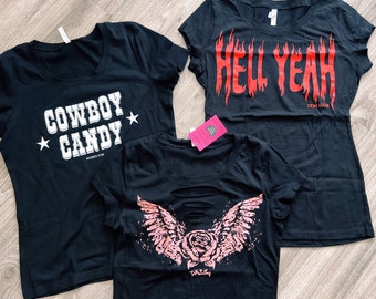 Lot of 3 Goodie Bag! NEW Slashed Cowgirl Tees Country Rock Festival Slashed Graphic T-Shirts Large #449