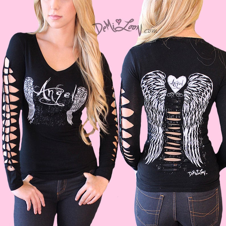 Demi Loon Angel Wings Tattoo Tee goth Destroyed Diy slashed Shirt Tee Cutout Top choose size image 1