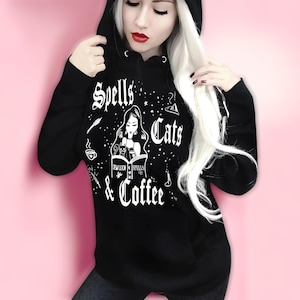 Cute Gothic Hoodie Cats & Coffee Sweatshirt Goth Gift Oversized Sweatshirt Custom Graphic Print Pullover Hoodie Top