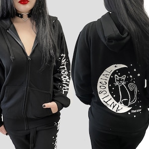 Sudadera con capucha estampada de gato antisocial y luna - Chaqueta gótica extragrande con cremallera