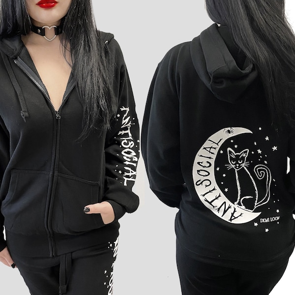 Antisocial Cat Moon graphic "boyfriend fit" oversized Gothic Spooky Cute Halloween Moon Oversized Sweatshirt Zip up Hoodie Top