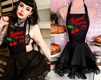 50s Housewife Vintage Apron Sweet Cherry Pie Sexy Ruffled Black Gothic Retro Apron Pinup girl Bridal Shower Gift Goth Gift Photoshoot outfit