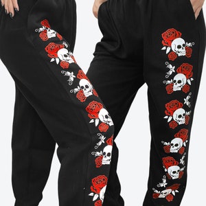 Cute Goth Skulls Roses Graphic drawstring Sweats  &quot;boyfriend fit&quot; oversized Sweatpants Joggers Casual Cozy loungewear