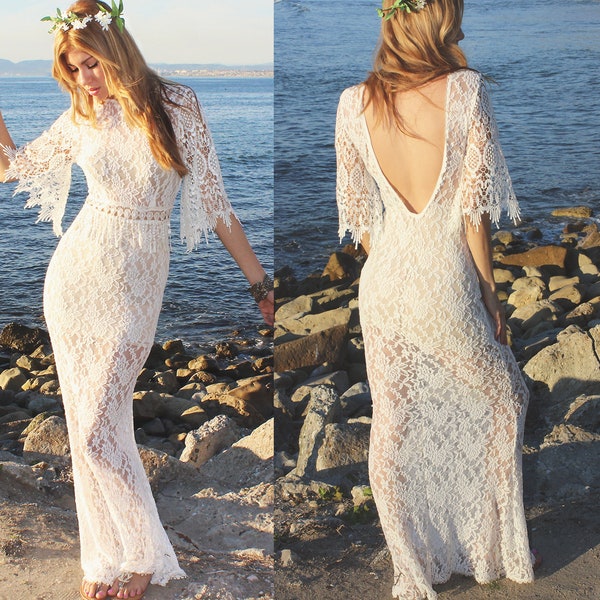 NEW Boho Crochet Vintage Lace Wedding Dress Bohemian Casual Rustic Barn Country Wedding Dress Ivory backless Beach Mermaid Bridal Dress
