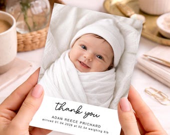Personalised Baby Photo Thank You Cards, Custom Newborn Birth Announcement, Modern Minimalist Printed Stationery, Girl Boy Arrival Keepsake