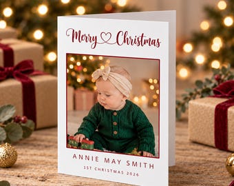 Personalised Baby Merry Christmas Card, Custom First Holiday Photo Greeting, Printed Infant Name Note, Newborn Winter Stationery