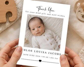 Personalised Baby Photo Thank You Cards, Custom Newborn Birth Announcement, Printed A6 Flat Or Folded Stationery, Modern Keepsake