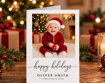 Personalised Baby Photo Christmas Card, Custom Festive Family Greeting, Folded Holiday Stationery, Red Script Keepsake With Envelopes