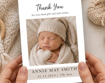 Personalised Baby Photo Thank You Cards, Custom Newborn Birth Details Announcement, Flat Or Folded Keepsake, British A6 Printed Stationery