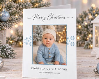 Personalised Baby Christmas Photo Card, Custom Snowflake Holiday Greeting, Printed Blue Infant Name Note, Newborn Winter Stationery