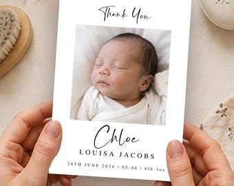 Personalised Baby Photo Thank You Cards, Newborn Birth Announcement, Custom Name Keepsake, Modern Minimalist Printed Stationery