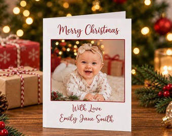 Personalised Family Photo Christmas Holiday Card, Custom Festive Family Greeting, Holiday Stationery, Red Script Keepsake With Envelopes