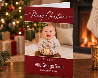 Personalised Baby Photo Christmas Card, Red Script Family Greeting, Flat Or Folded Holiday Stationery, Festive Keepsake With Envelopes