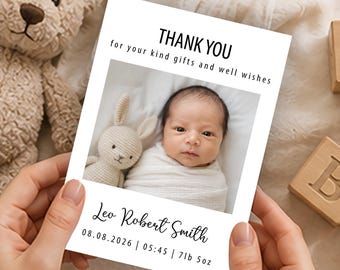 Personalised Baby Thank You Cards, Photo Birth Details Stationery, Custom Newborn Announcement, Printed Flat Or Folded Keepsake