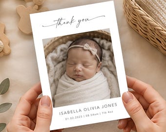 Personalised Baby Thank You Cards, Photo Birth Details Cards, Custom Newborn Announcement, Printed Flat Or Folded Card, Modern Keepsake