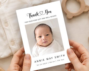 Personalised Baby Thank You Cards, Photo Birth Details Cards, Custom Newborn Announcement, Printed Flat Or Folded Card, Modern Keepsake