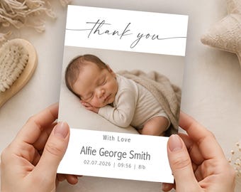 Personalised Baby Thank You Cards, Photo Birth Details Cards, Custom Newborn Announcement, Printed Flat Or Folded Card, Modern Keepsake