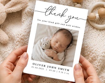 Personalised Baby Thank You Cards, Newborn Photo Birth Announcement, Custom Printed Stationery, Modern New Parent Keepsake, Flat Or Folded