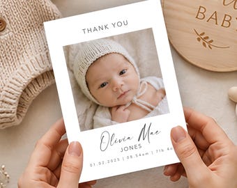 Personalised Baby Photo Thank You Cards, Custom Newborn Birth Details Announcement, Luxury Printed A6 Stationery, Minimalist Memory Keepsake