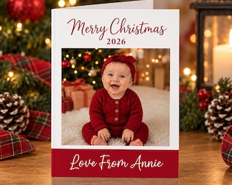 Personalised Baby Photo Christmas Card, Custom Festive Family Greeting, Folded Holiday Stationery, Red Script Keepsake With Envelopes