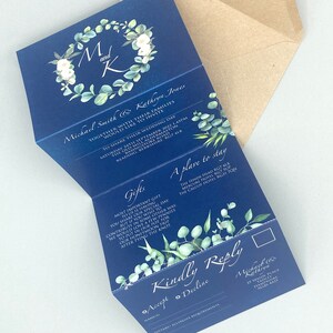 Eucalyptus Navy Foliage Wedding Concertina Fold Invitation Zaproszenia Dzień Wieczorne Przyjęcie