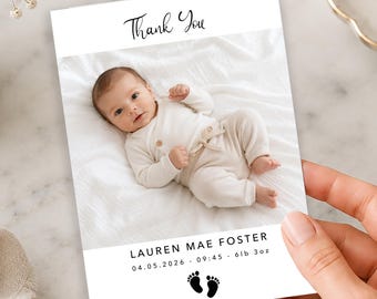 New Baby Announcement Cards With Photo, Personalised Baby Thank You Cards, Custom Birth Keepsake, Printed Flat Or Folded Stationery