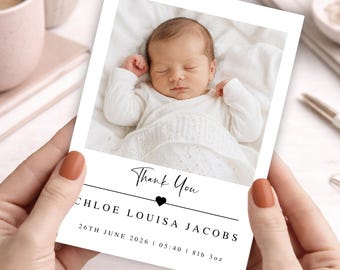 Custom Baby Thank You Cards With Photo, Personalised Newborn Cards, Birth Announcement Prints, Flat Or Folded Stationery, Baby Keepsake