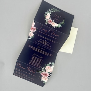 Navy Blush Pink Rose Gold Wedding Concertina Invitation Invites Personalised Invitations Wedding Invites