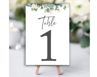 Eucalyptus and White Rose Foliage Wedding Table Number Cards, Table Name, Wedding Decor Seating Number