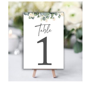 Eucalyptus and White Rose Foliage Wedding Table Number Cards, Table Name, Wedding Decor Seating Number
