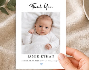 Personalised Baby Thank You Cards, Photo Birth Details Cards, Custom Newborn Announcement, Printed Flat Or Folded Card, Modern Keepsake