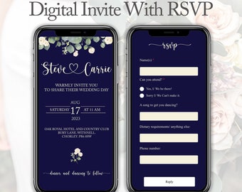 Digital Wedding Invitation | Online RSVP | Website Link | Greenery Eucalyptus | Navy Blue | Personalized Electronic Mobile Invite