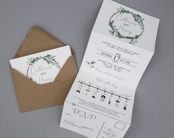 Eucalyptus Greenery Foliage Wedding Concertina Fold Invitation Invites Day Evening Reception