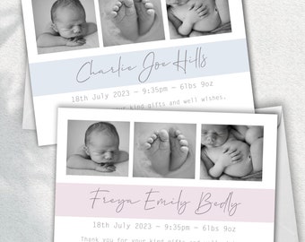 May include: Two birth announcement cards with black and white photos of a newborn baby. The top card is light blue with the text "Charlie Joe Hills" and the bottom card is light pink with the text "Freya Emily Bedly". Both cards include the baby's birth date, time, and weight.