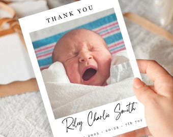 Thank You Cards with Photo, Personalised Newborn Thank You Notes, Announcement Printed Cards Flat or Folded, Envelopes Included