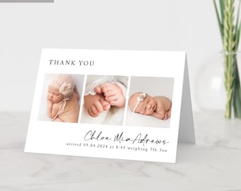 Bedrukte, gepersonaliseerde bedankkaartjes met foto, bedankkaartjes voor de geboorte of eerste verjaardag van een baby, op maat ontworpen met envelop.