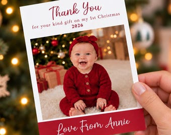 Personalised Baby Christmas Thank You Card, First Holiday Photo Greeting, Custom Infant Gratitude Note, Newborn Winter Holiday Stationery