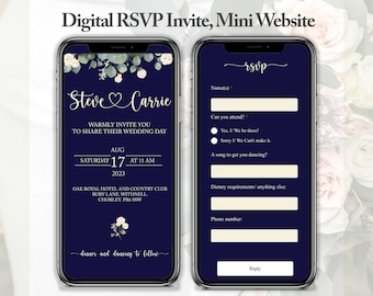 Faire-part de mariage numérique | RSVP en ligne | Lien du site Web | Eucalyptus de verdure | Bleu marine | Invitation mobile électronique personnalisée