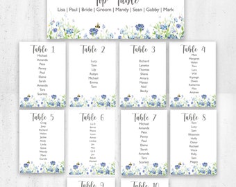 Wild Flower, Wedding Table Plan Cards, Individual Banquet Seating Plan Cards, Wedding Breakfast Seating Chart