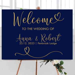 Printed Gold and Navy Personalised Wedding Welcome Personalised Wedding Sign Printed, Reception Welcome
