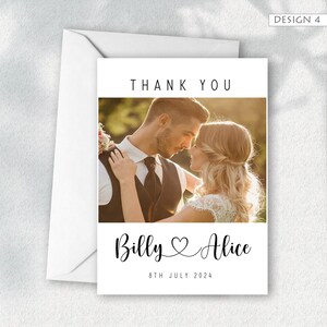 Tarjetas de agradecimiento de boda personalizadas con foto: elegantes y con impresión.