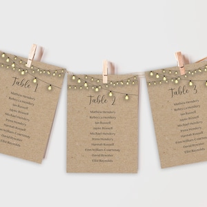 Festoon Lights Kraft Brown Wedding Table Plan Cards, Schede di pianificazione dei posti a sedere per banchetti individuali, Tabella dei posti a sedere per il pranzo di nozze